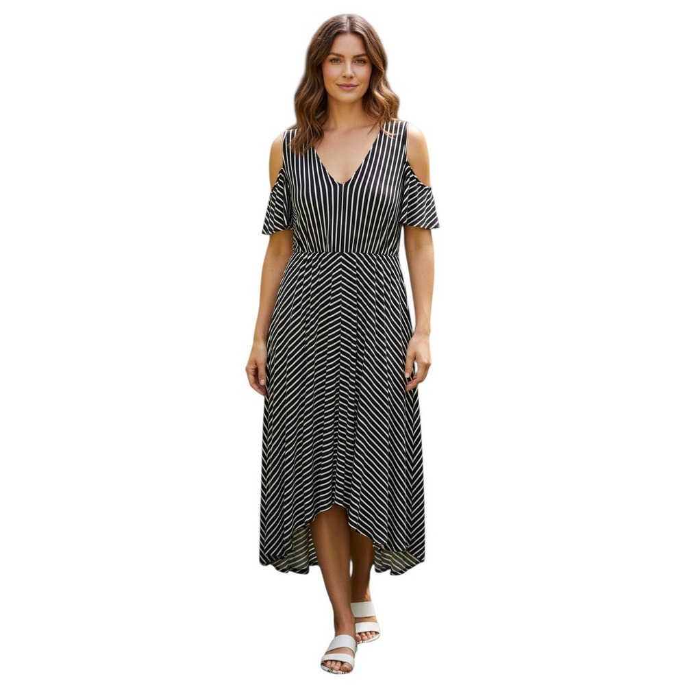 Lane Bryant Striped Cold Shoulder Dress Black White V-Neck High-Low 22/24